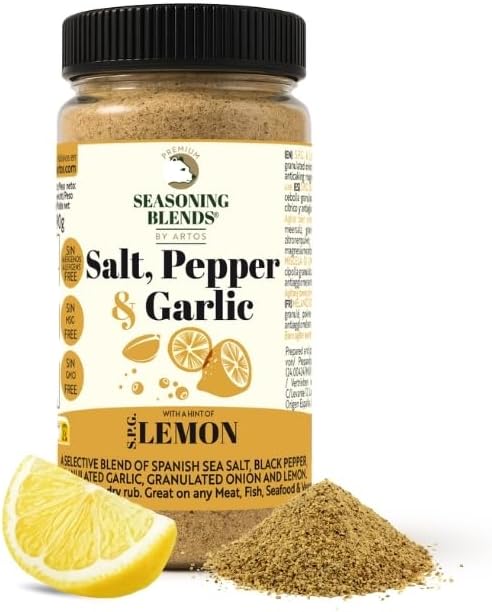 Premium Seasoning | Sazonador Sal Pimienta Ajo y Limón, 100% Natural sin ingredientes artificiales, Lemon Pepper with Spices, Especias para Cocinar Hamburguesa Costillas Pollo Pescado y otros, 280g