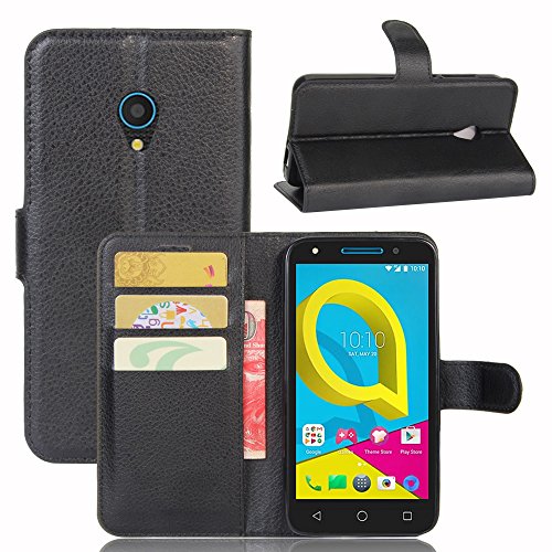 Funda Alcatel U5(4G) + Protector de Pantalla, EUGO Funda Cuero Resistente,Soporte Plegable,Ranuras para Tarjetas y Billetes,Estilo Libro,Acceso a Botones