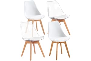 EGGREE Zestaw 4 krzeseł do jadalni z nogami z litego drewna bukowego, przetestowane przez SGS, skandynawski design, wyściełane krzesła kuchenne, 2 białe i 2 przezroczyste