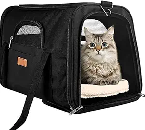 Cat Carrier Dog Carrier, Pet Travel Carrier Airline Approved for Small Dogs Cats, Portable Pet Transport Bag with Adjustable Shoulder Strap Mesh Window Reflective Strip and Removable Cozy Soft Cushion