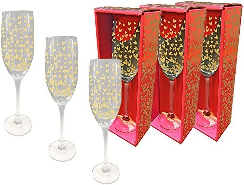 Gorgeous Set of 3 Champagne Flutes Hearts of Gold