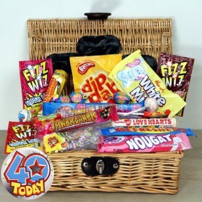 40th Birthday Retro Sweet Hamper Packed Full of Old School Candy with 40th Birthday Badge.