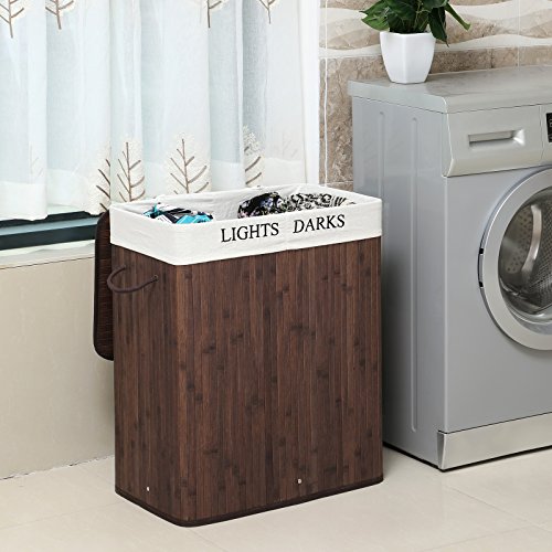 Songmics 100L (62,5 x 52 x 32 cm) Wäschekorb Bambus Faltbar Wäschebox mit 2 Fächern Wäschetonne mit herausnehmbaren Wäschesack Braun LCB64Z - 2