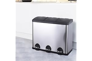 STARNINE 60L Triple Compartment Recycling Bin 3 Compartment Kitchen Pedal Dust Bin Stainless Steel Commercial Waste Bin With Free 28 Roll Bin Bag Liners & Stickers (Silver, 60L)