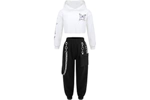 Mufeng Ensemble Danse Hip Hop Enfant Fille Crop Top Sweat à Capuche Manches Longues Pantalon Cargo Tenue Danse Jazz Streetwear 3-16 Ans