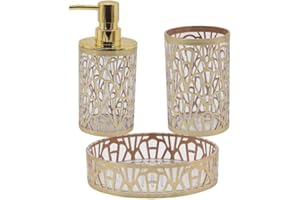 VR VETRINEINRETE Vetrineinrete® Set Accessori Bagno 3 Pezzi oro stile contemporaneo con Dispenser Sapone Bicchiere portaspazzolino piattino portasapone