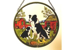 WINGED HEART PRESENTED BY CELTIC GLASS DESIGNS Decorative Hand Painted Stained Glass Window Sun Catcher/Roundel in a Collie and Pups Design.