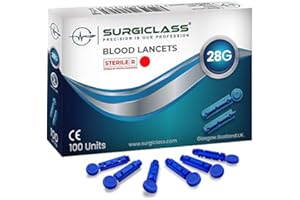 SURGICLASS Sterile Blood Lancets Size 28G, Pack of 100, Compatible with SD CodeFree, Medisana, Easy Blood Sample Removal, e.g. for Diabetes Measurement in Blood Sugar SurgibldLT28G100