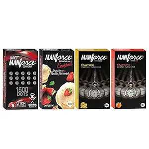 Manforce Fruit Basket Combo Pack (3in1 Overtime Orange, 3in1 Overtime Pineapple, Extra Dotted Litchi & Cocktail Strawberry + Vanilla with Dotted Rings) - 40 Pieces (Pack of 4), Transparent, Large