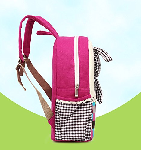 Moolecole Cartoon 3D Rabbit Doll Kids Kindergarten Backpack Canvas Toddler Girls Nursery School Bag Bookbag Rose Red