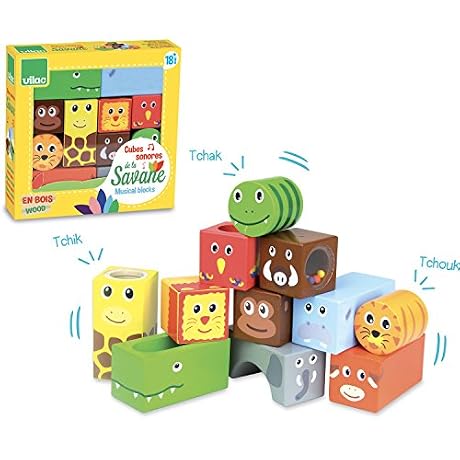 Vilac 2101 Cubes Sonores Animaux de la Savane Jouet de Premier Age