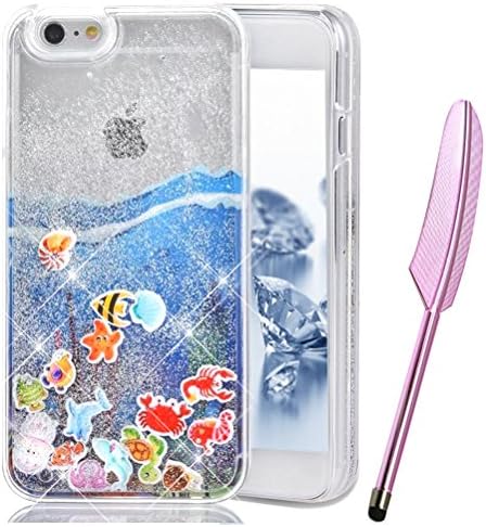 Vioela iPhone 6s Plus Liquid Case, Unique Cute Sea World Animal Dolphin Fish Pattern Sparkle Bling Glitter Quicksands Stars Transparent PC Plastic Protective Back Case Cover for iPhone 6 Plus/6S Plus 5.5 Inch with Free Stylus