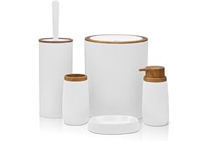 Inbagno Set Bagno Accessori Completo - 5 Pezzi, in plastica Liscia con Dettagli Effetto Legno Serie Blob, Include Dispenser Sapone, portasaponetta, portaspazzolino, portascopino e pattumiera