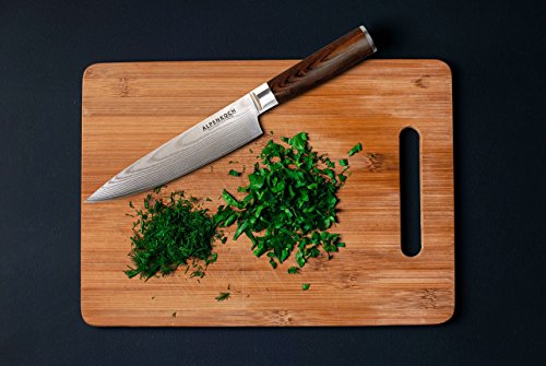 Damastmesser von ALPENKOCH – 20 cm Klinge – Kochmesser – HRC 60 – Äußerst scharf! – Pakka-Holz Griff – perfekt ausbalanciert – Ideal für Hobby- & Profiköche mit hohen Ansprüchen (Chef) - 2