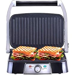 NETTA - Grill multifonction, plancha, presse à paninis, appareil à sandwichs. 1500W, plaques anti-adhésives, intensité réglable. Couleur argent.
