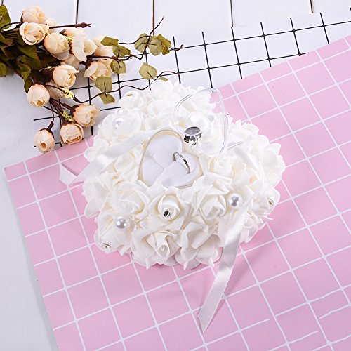 Hochzeit Ringkissen Ring Box Herzförmig mit Blumen Strass Perlen Deko LianLe (Weiß) - 2