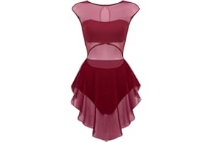 Aiihoo Women's Lyrical Modern Ballet Dance Costume Asymmetrical Sheer Mesh Tutu Skirted Leotard Dress