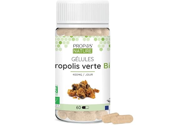 Gélules Végétale Propolis Verte Bio - enveloppe végétale - Dosées à 100mg/gélule - 60 gélules - Sans colorant ni conservateur - Certifiées bio - Agriculture Biologique - PROPOS'NATURE
