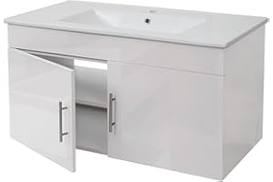 Mendler Waschbecken + Unterschrank HWC-D16, Waschbecken Waschtisch, FSC®-Zertifiziert, Hochglanz 90cm - weiß