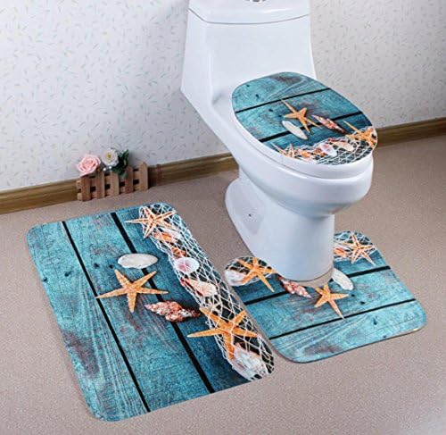 Bath Mat Toilet Rug Set 3 piece Non Slip Bathroom Washable Sea Beach Dolphin Starfish