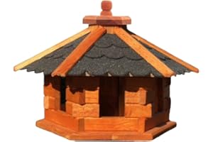 DARLUX Handgefertigtes Sechseck Vogelhaus aus Holz wetterfest M - XXL wahlweise mit und ohne Ständer, Futterhaus, Futterhäuschen (Größe M ohne Ständer, Schwarz - Braun)