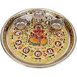 Balaji Arts Stainless Steel Handmade Golden Meenakari Ganesha Design Puja Thali with 5 Tumblers for Home Décor