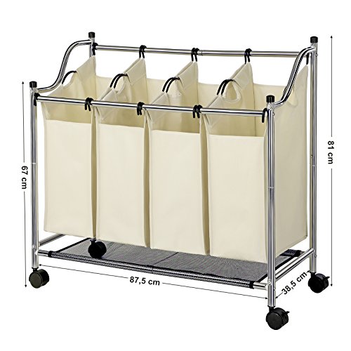 Songmics Wäschesortierer Wäschekorb Wäschewagen mit 4 × fächer beige LSF005S - 3