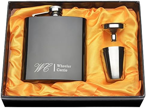 YANGSION Personalized Simple 6oz Engraved Black Hip Flask Complete with 2 Cups &amp; a Funnel Wedding Party Birthday Home With Gift Box Favor