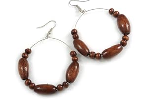 AVALAYA 50mm Diameter Brown Wood Bead Hoop Drop Earrings In Silver Tone - 75mm Long
