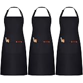 umboom 3 Pack Black Aprons, Adjustable Kitchen Apron with 3 Pockets for Men and Women, Professional Work Apron for Waiter Che