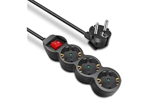 EXTRASTAR Regleta de enchufes con 3 Tomas, Alargador con Cable de 3 Metros e Interruptor, Negro, 1 Pc