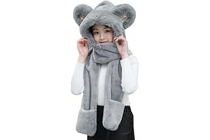 IBLUELOVER Kids Hat Scarf Gloves Set Boys Girls Cute Panda 3-in-1 Winter Warm Plush Faux Fur Head Trapper Hooded Neck Warmer Windproof Earmuffs Snood Gloves Mittens Earflap Hat Long Scarf for Age 3-8