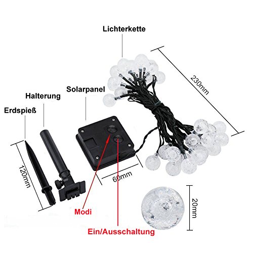 YIMIA Wasserdicht 30er LED Solar Lichterkette, 8 Leuchtmodi tragbare 6 Meter Außenlichterkette Garten Solar Led Beleuchtung Warmweiß/bunt Kugel für Party, Weihnachten, Garten, Balkon usw. (Warmweiß Kugel) - 7
