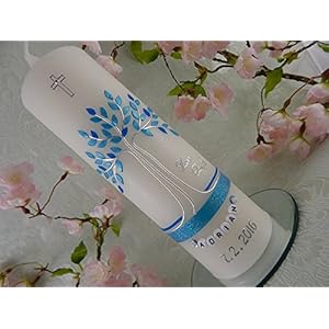 Taufkerze Lebensbaum blau silber Taufkerzen Junge 250/70 mm inkl. Beschriftung