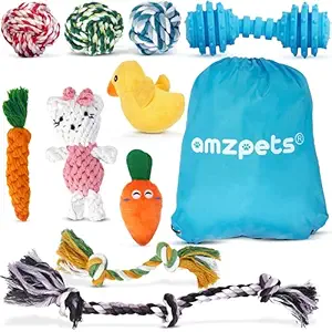 AMZpets 10 Most Popular Dog Toys Small Dogs & Puppies. Squeaky Toys | Rope Toys | Plush Games | Chewing Ropes | Balls | Rubber Bone | Carry Bag. Variety Playing Set Toss & Tug Play.