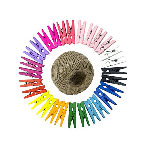 Bakicey Bunte Wäscheklammern, 100 pcs Holzklammern Bunte Wäscheklammern mit 100M Jute Kordel Photo Clips Mini Dekorativer Klammer Holz Handwerks Foto Clip (Multicolor)