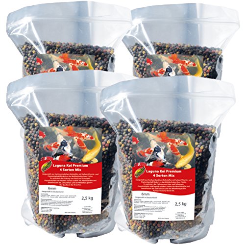 Fischfutter 4 Sorten Mix Koifutter 10 kg !!! (ca. 20 Liter) mit Spirulina 6mm Koifutter Qualität aus Deutschland 5 kg !!! (4x2,5kg)