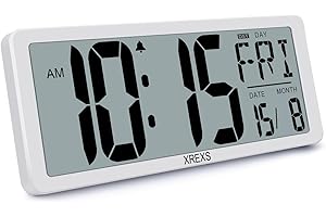 XREXS 14" Digital Wall Clock | Extra Large LCD Display | Time, Date, Temperature Display | Easy to Read Across Room | Modern Home, Office Decor (Batteries Included)
