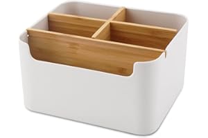 VICDUEKG Schreibtisch Organizer, 5 Fächer Bambus Büro Organizer mit Stifthalter, Aufbewahrungsbox Desk Organizer für Stifte, Kosmetika, Haftnotizen (Weiß)