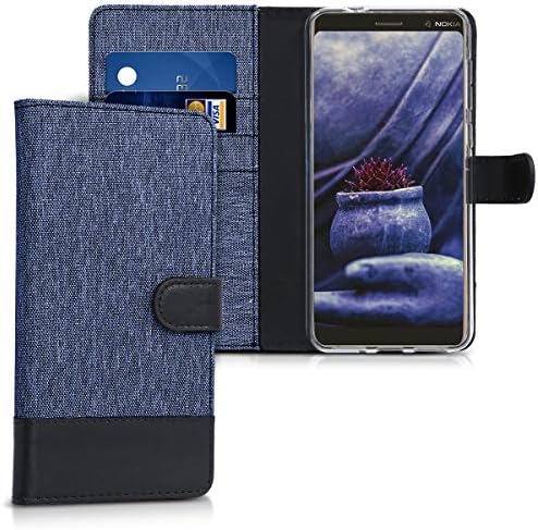 Wallet Case for Nokia 7 Plus - Fabric and PU Leather Flip Cover with Card Slots and Stand - Dark Blue/Black