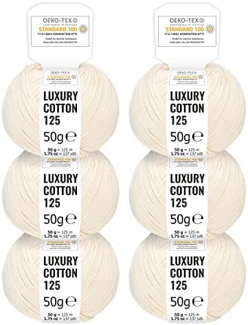 100% Mercerised Cotton Wool in 15 shiny colours - 300g set (6 x 50g) - Oeko Tex Standard 100 certified wool for knitting and crochet by fairwool - natural / creme