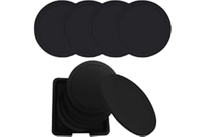 FOZUANEI 6 Pieces Non Slip Silicone Coasters, Black Matte Rubber Drink Coasters with Holder, PVC Decorative Round Coasters for Hot Cold Drinks, Beer, Homes, Bars