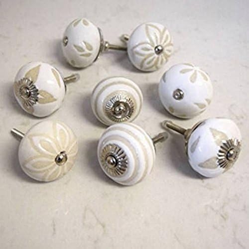 Indian Knobs Lot of 10 10 White Vintage Ceramic Door Knobs Handpainted Kitchen Cabinet Drawer Pulls