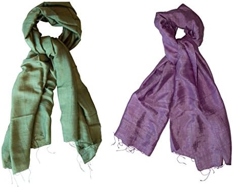 Pure Raw Silk Long Scarf Wrap Shawl (Green and Purple, 2)