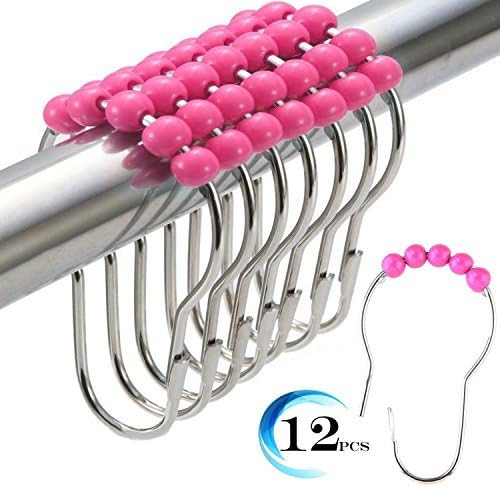 Shower Kitchen Home Curtain Hooks Colourful Plastic Beads Shower Curtain Rings Stainless Steel Rustproof Metal Double Glide Chrome Roller Set of 12 Hooks (Pink)