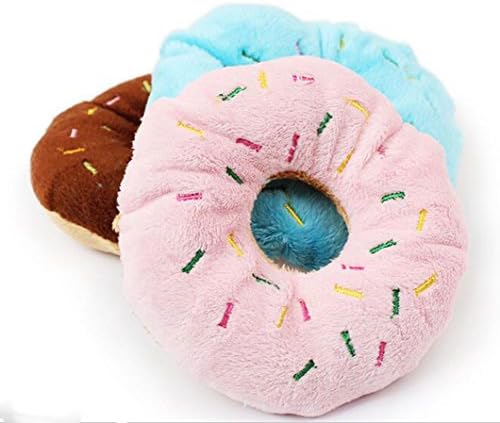 OUUD Crazy Pet Dog Plush Chew Toys Donuts Shape Squeaky Toys for Small Dogs Puppy, 9.5-inch(Random Color, 1PC)