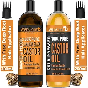 WishCare 100% Pure Cold Pressed Castor Oil & Jamaican Black Castor Oil - 200Ml Each