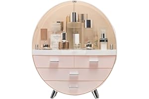 Qivange Round Cosmetic Rack Makeup Organiser Dustproof-Cosmetic Storage Makeup Holder Multifunctional Display Box Case For Lipstick, Nail Varnish, Eye Shadow, Brushes Pink/Grey 34 * 18 * 40cm