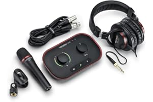 Focusrite Vocaster One Studio: interfaz de pódcast para grabar como un creador independiente, con micrófono Vocaster DM1 y auriculares HP60v estudio
