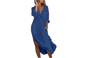 ZEIAYUAS Maxi Shirt Dresses for Women UK Cotton Linen Shift Dress Long Sleeve V Neck Dresses Button Neck Tunic Beach Dresses Loose Summer Long Dresses Lapel Ruffleh Office Casual Dresses